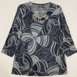 Chico's Travelers Navy Gray Slinky Knit Stretch 3/4 Sleeve Pullover Top Large/2